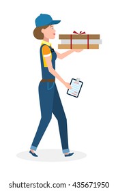Delivery woman with pizza boxes. Fast transportation. Isolated cartoon character on white background. Postwoman, courier with fresh pizza and clipboard.