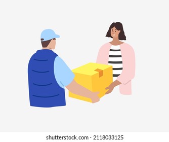 Delivery. Woman receiving parcel from delivery man. Flat style. Vector