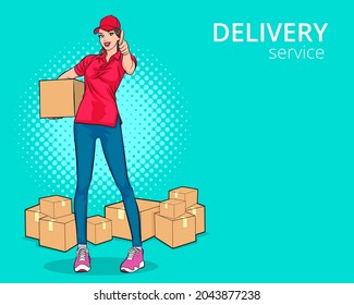 delivery woman in red cap giving order boxes show thumb up In Retro Vintage Pop Art Comic Style