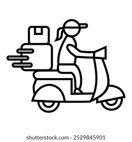 Motocicleta de scooter de passeio da mulher da entrega. Rastreamento de pedidos on-line, entrega em casa e no escritório. Ilustração de símbolo de design de vetor de ícone.