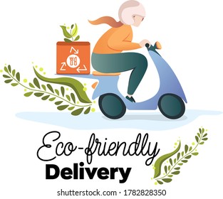 
delivery woman riding blue scooter, eco-friendly online delivery service concept, flat vector illustration