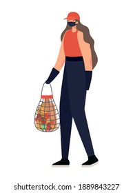 delivery woman with safety mask and one mesh bag full of market products vector illustration design