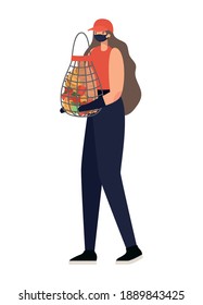 delivery woman with safety mask and one mesh bag full of market products on a white background vector illustration design