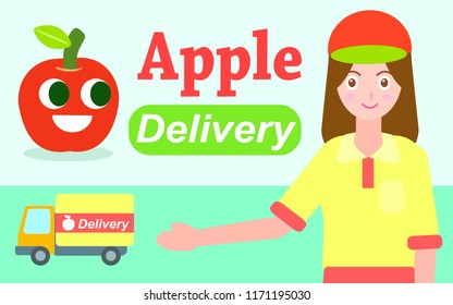  Delivery woman showing  shipping truck. Apple juice manufacture. Eps10 vector illustration.