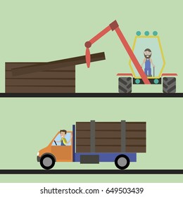 Delivery of wood. Loading timber in a forest crane on the basis of an excavator. Vector illustration