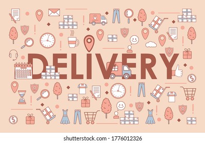 Delivery word banner template. Electronic commerce and online order vector cartoon outline concept. Truck with purchases, parcels, clothes, dress and jeans, gifts, and coins illustration.