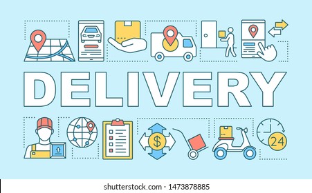 Delivery word concepts banner. On demand transportation presentation, website. Isolated lettering typography idea with linear icons. Vector outline illustration. Online shopping, ordering service