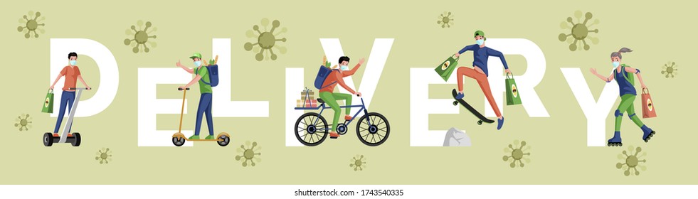 Delivery word flat banner concept. People in medical masks deliver food and goods from supermarket by modern city transport, scooter, roller skate, and motorbike vector cartoon poster design.