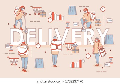 Delivery word vector cartoon outline poster design. People in medical masks deliver goods or food. Non contact delivery during Coronavirus Covid-19 outbreak and self isolation.