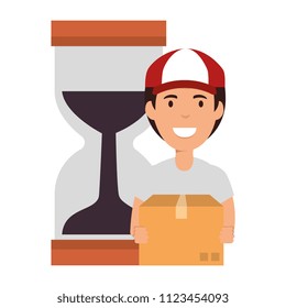 delivery worker with box and hourglass