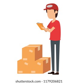 delivery worker with boxes and checklist