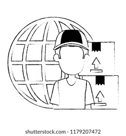 delivery worker with boxes and planet