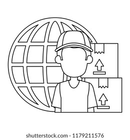 delivery worker with boxes and planet