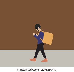 Delivery worker in cap walking the street, carrying carton box and tapping on smartphone. Online ordering food. Fast deliver groceries and food orders from restaurants and cafes.