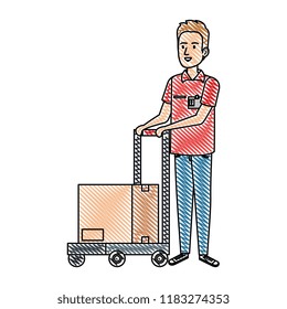 delivery worker with cart and box