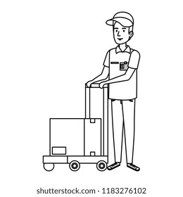 delivery worker with cart and box