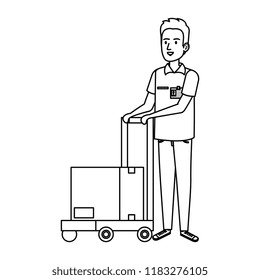 delivery worker with cart and box