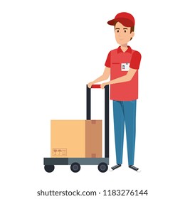 delivery worker with cart and box