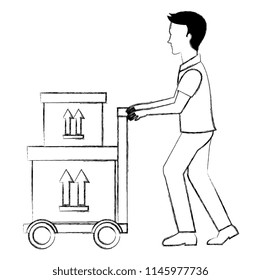 delivery worker with cart and boxes