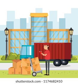 delivery worker with cart boxes character