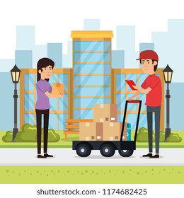 delivery worker with cart boxes character