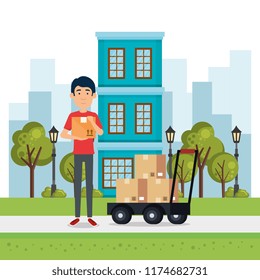delivery worker with cart boxes character