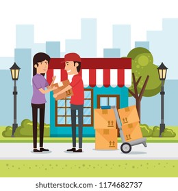 delivery worker with cart boxes character