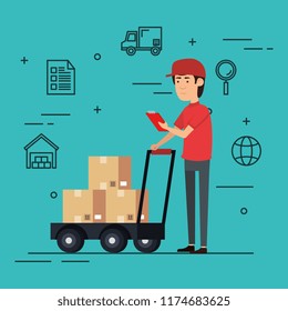 delivery worker with cart boxes character