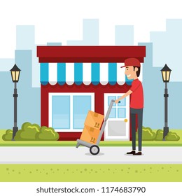 delivery worker with cart boxes character