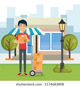 delivery worker with cart boxes character