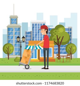delivery worker with cart boxes character
