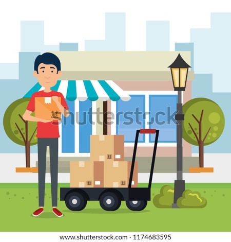 delivery worker with cart boxes character