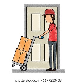 delivery worker with cart and door