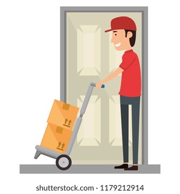 delivery worker with cart and door