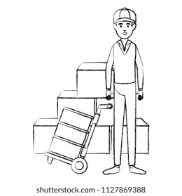 delivery worker with cart transport boxes