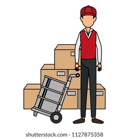 delivery worker with cart transport boxes