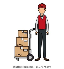 delivery worker with cart transport boxes