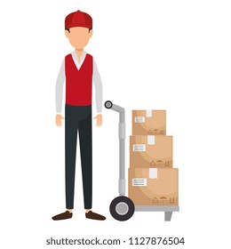 delivery worker with cart transport boxes