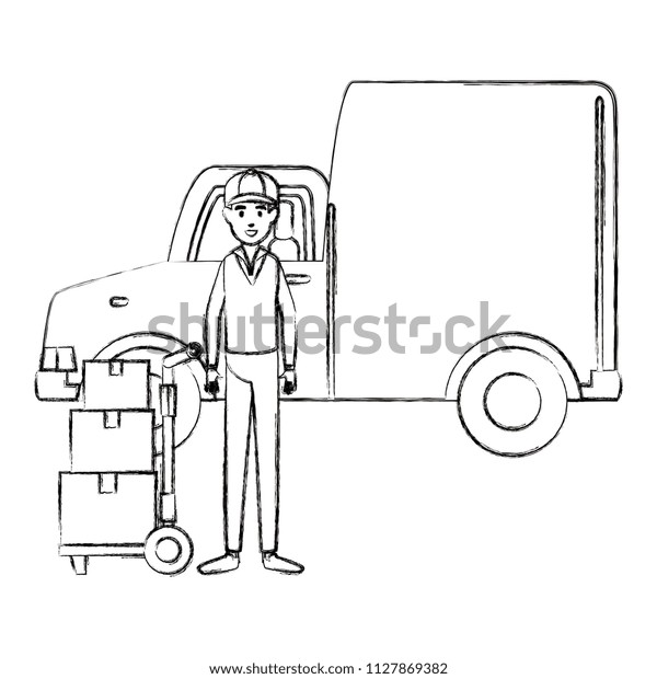delivery worker
with cart transport boxes and
van