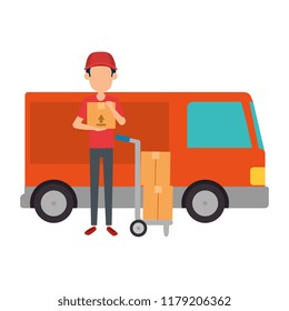 delivery worker with cart and truck