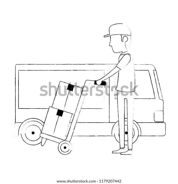 delivery worker with cart and\
truck