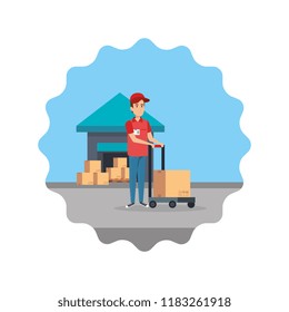 delivery worker with cart and warehouse