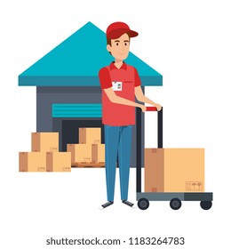 delivery worker with cart and warehouse
