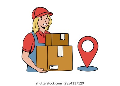 Ilustración del carácter de trabajador de entrega. Feliz mensajero femenino con Parcel Box, servicio de entrega rápida en línea