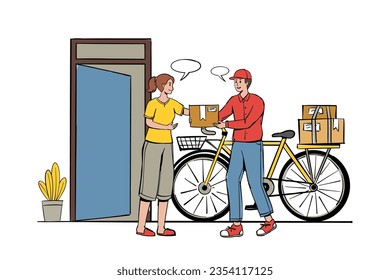 Delivery worker character vector illustration. Delivery courier in bicycle, Home delivery concept