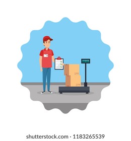delivery worker with checklist and scale