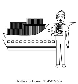 delivery worker with checklist and ship