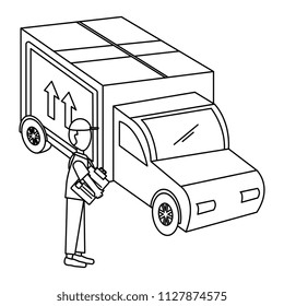 delivery worker with checklist and truck