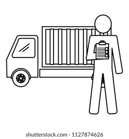 delivery worker with checklist and truck