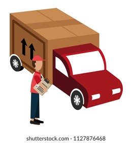delivery worker with checklist and truck